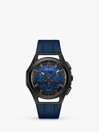 Bulova 98A232 Men's Curv Chronograph Leather Strap Watch, Blue/Black