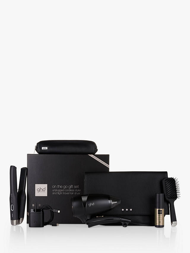 johnlewis.com | ghd On The Go Gift Set with Unplugged Cordless Hair Straighteners & Flight Travel Hair Dryer, Black