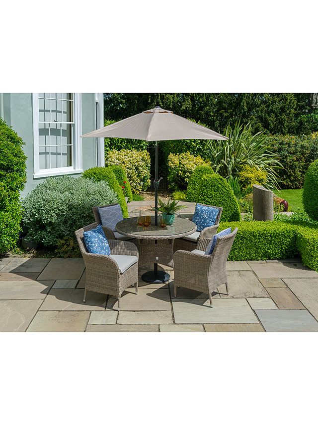 LG Outdoor Monaco 4-Seat Round Garden Dining Table & Armchairs Set with Parasol, Sand