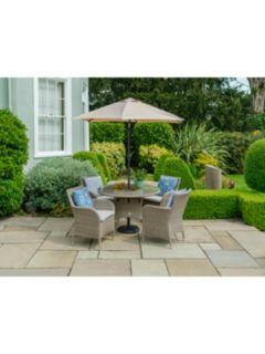 LG Outdoor Monaco 4-Seat Round Garden Dining Table & Armchairs Set with Parasol, Sand