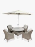 LG Outdoor Bergen 4-Seat Round Garden Dining Table & Armchairs Set with Parasol, Natural/Sandy Grey