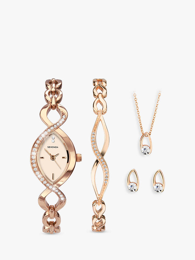 Sekonda 2750G.76 Women's Crystal Bracelet Strap Watch, Bracelet, Necklace and Stud Earrings Jewellery Gift Set, Rose Gold