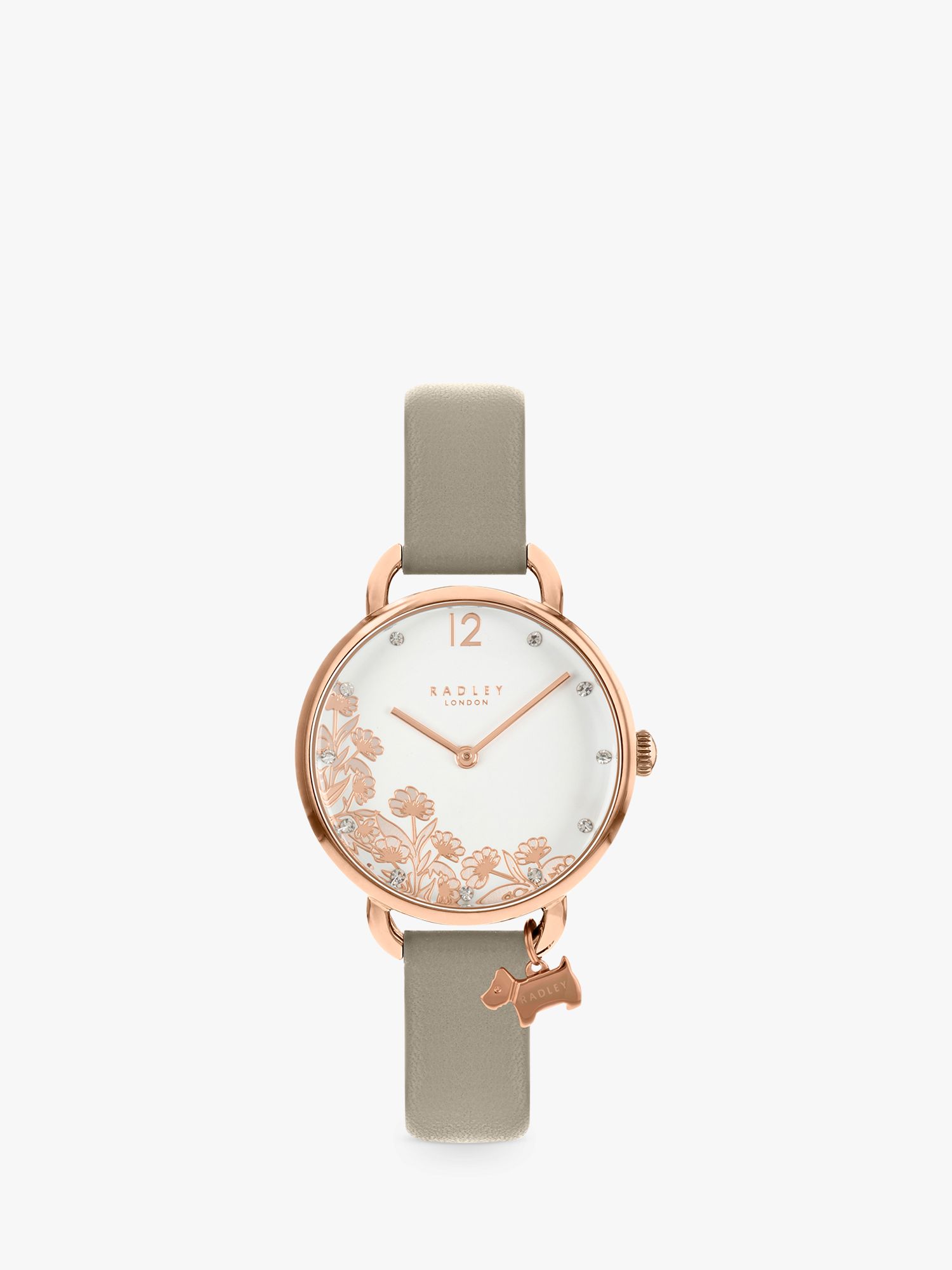 Radley RY21274 Women's Floral Dog Charm Leather Strap Watch, Marsupial/Rose Gold