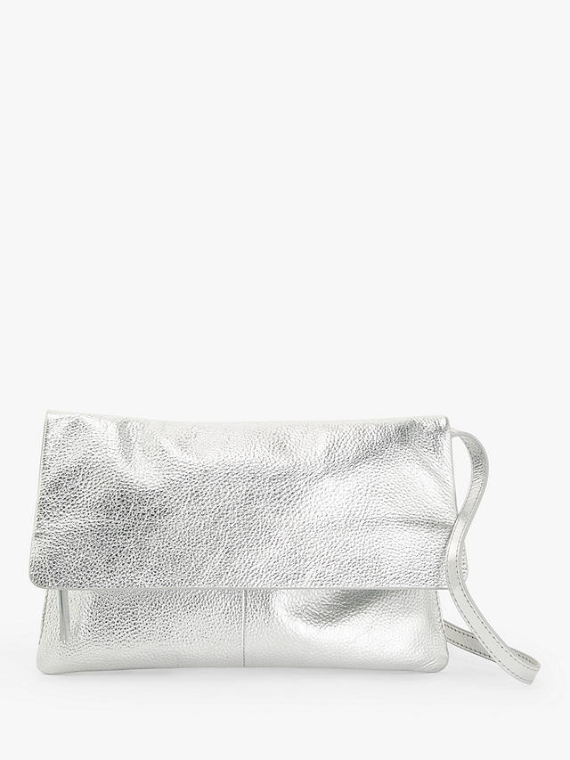 John Lewis Mistry Leather Flapover Clutch Bag, Silver Leather