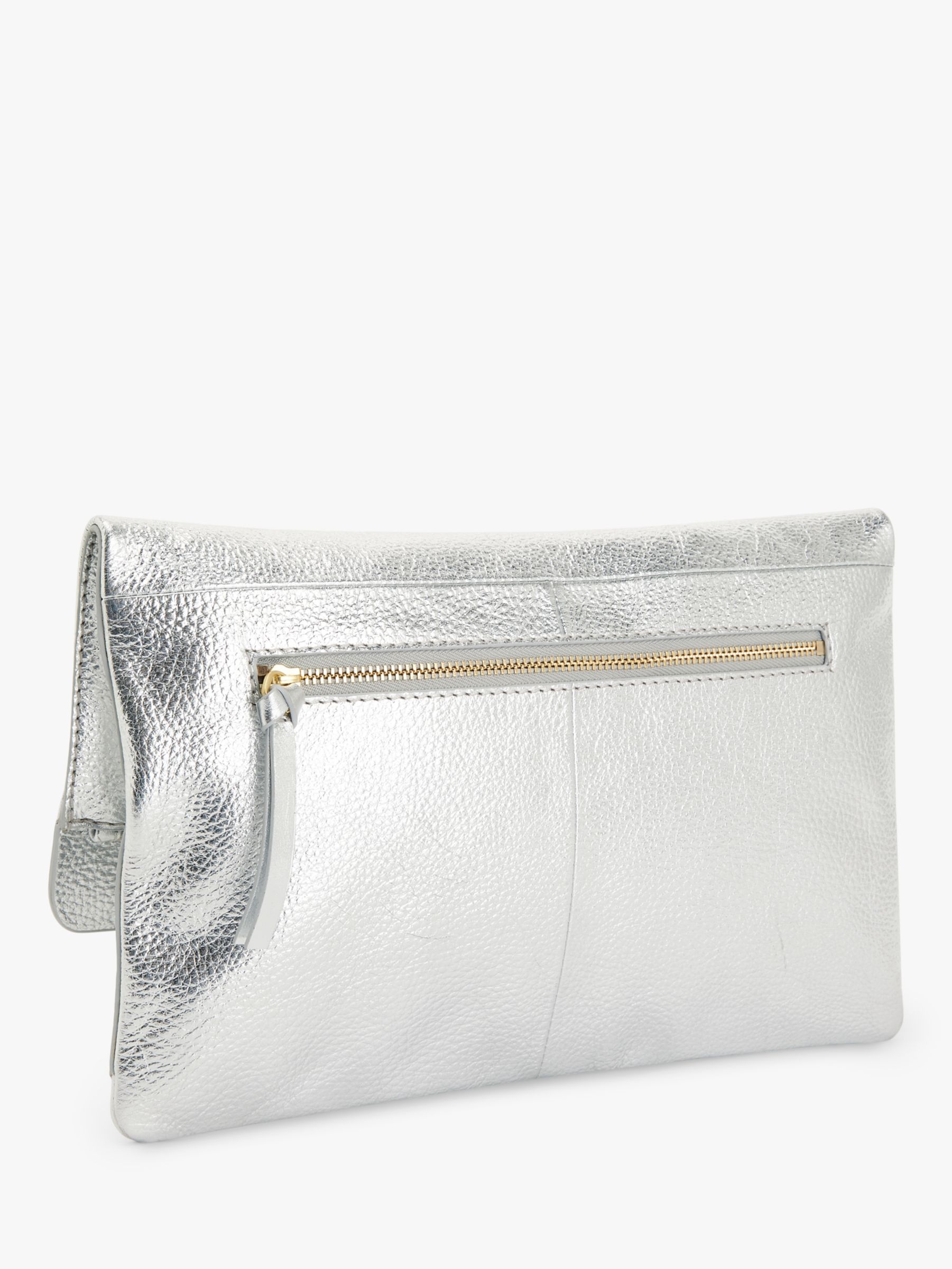 John Lewis Mistry Leather Flapover Clutch Bag, Silver Leather at 