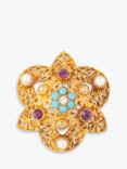 Susan Caplan Vintage Victorian Revival Gold Plated Swarovski Crystal & Faux Pearls Open Work Brooch, Dated Circa 1990s, Gold