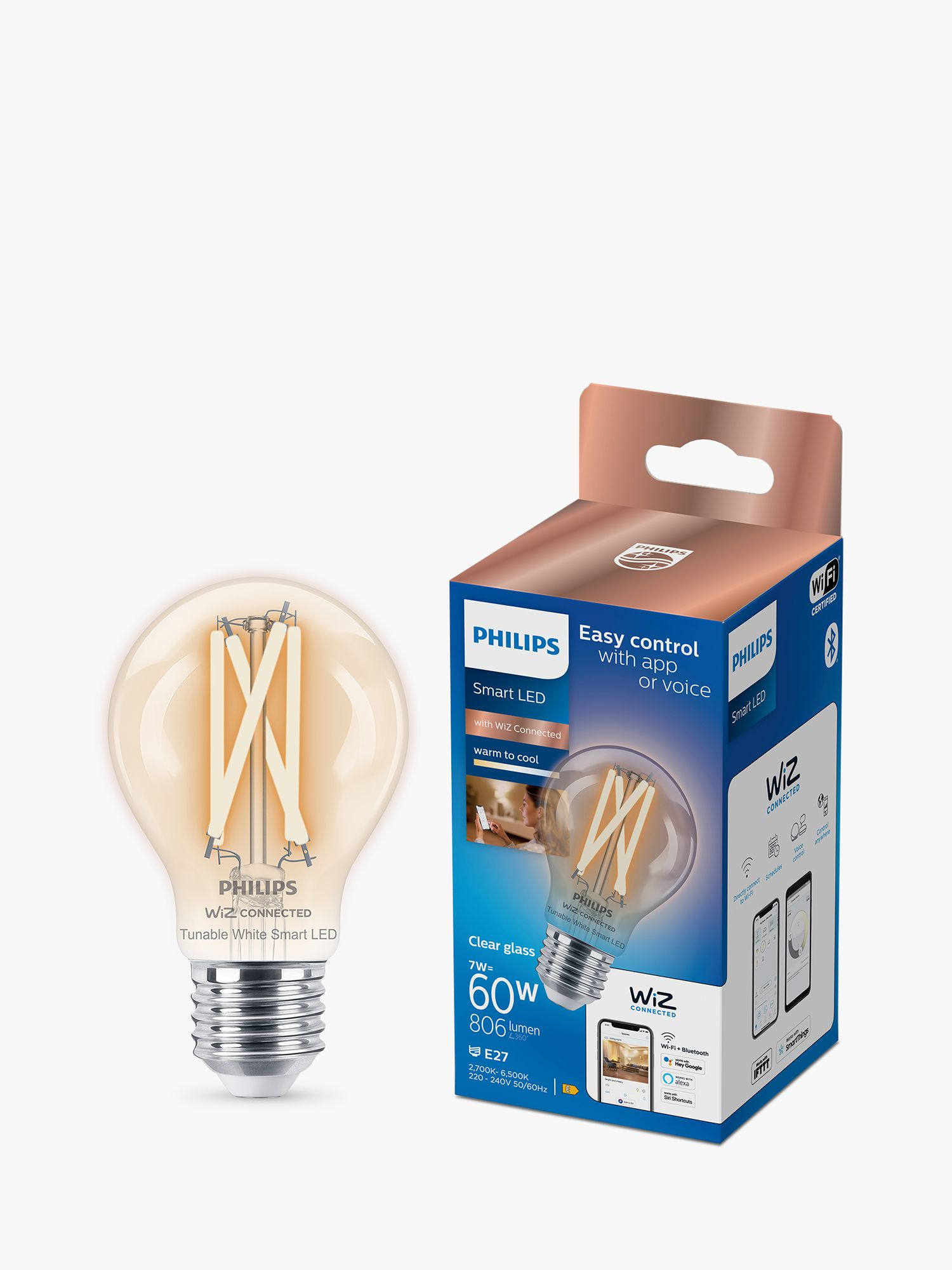Photo of Philips smart led 7w e27 dimmable warm-to-cool classic bulb with wiz connected and bluetooth clear