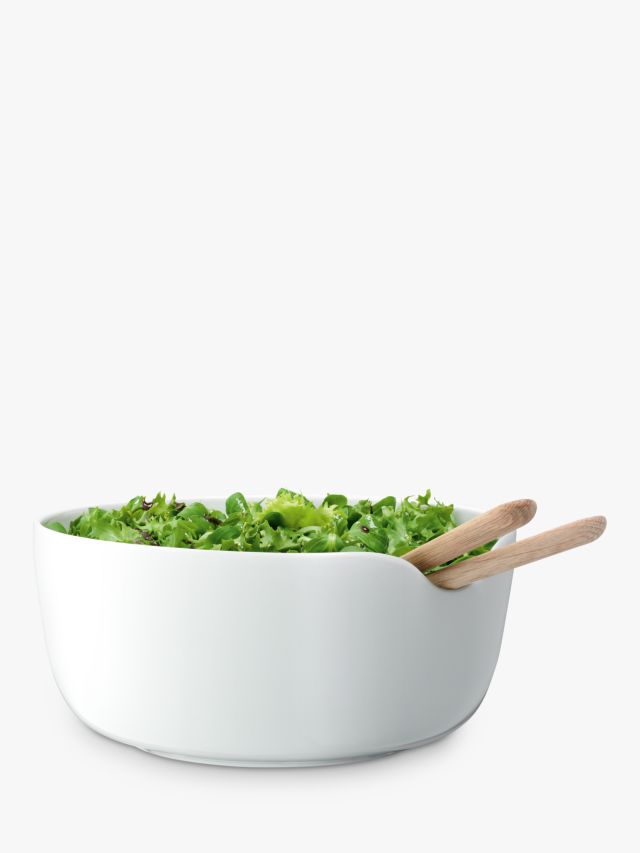 LSA International Dine Porcelain Salad Bowl & Oak Wood Salad Servers, 24cm, White/Natural