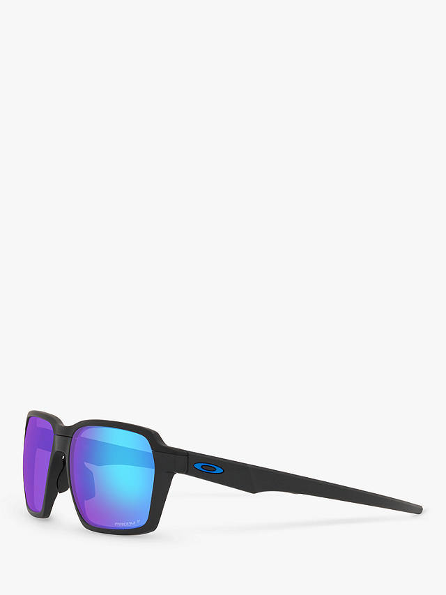 Oakley OO4143 Men's Parlay Prizm Polarised Rectangular Sunglasses, Steel/Mirror Blue