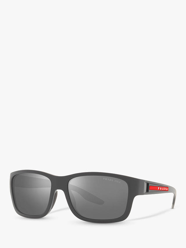 Prada Linea Rossa PS 01WS Men's Pillow Polarised Sunglasses, Grey/Matte Silver