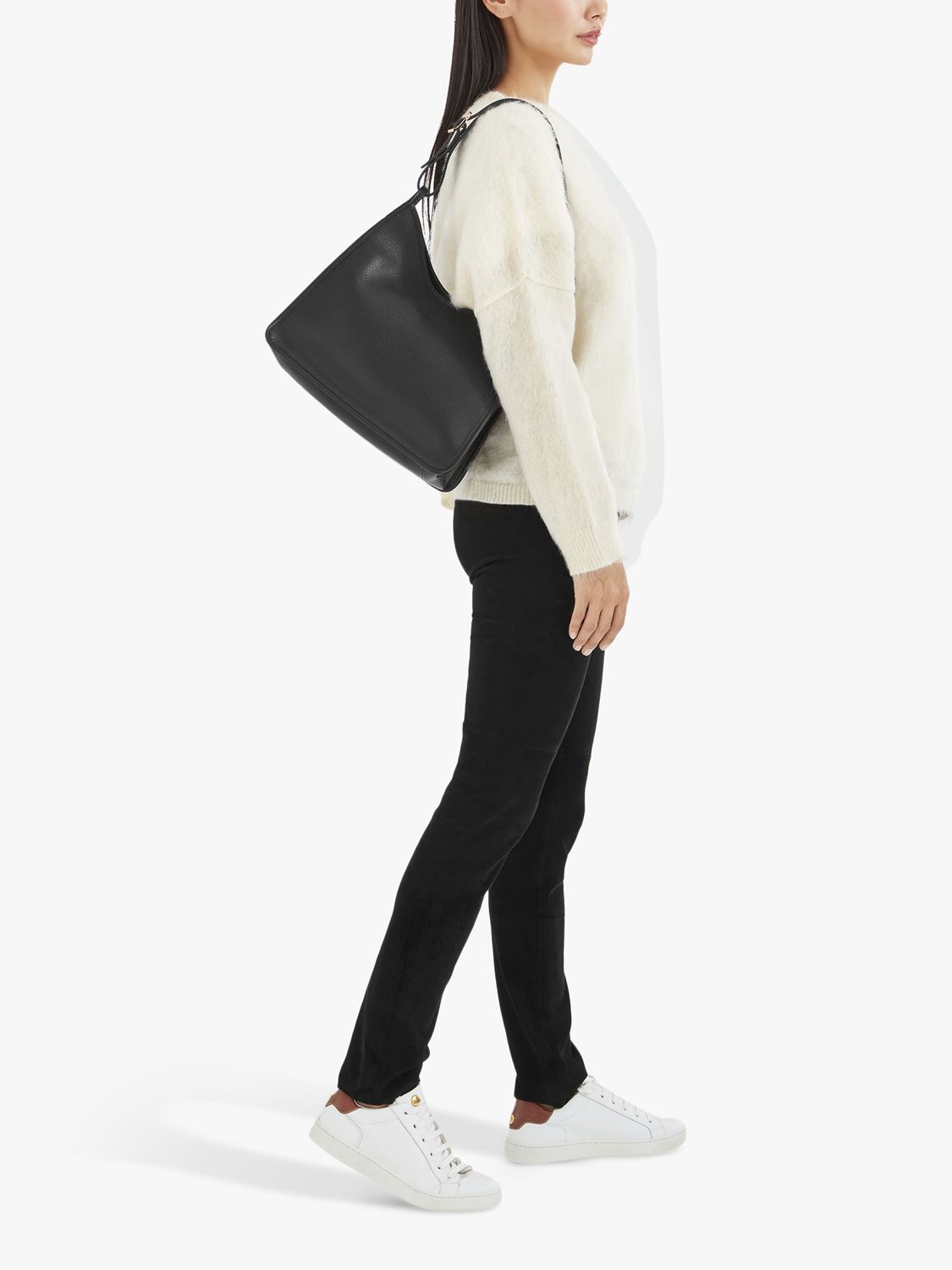 Longchamp Le Foulonné Medium Leather Shoulder Bag, Black at John Lewis ...