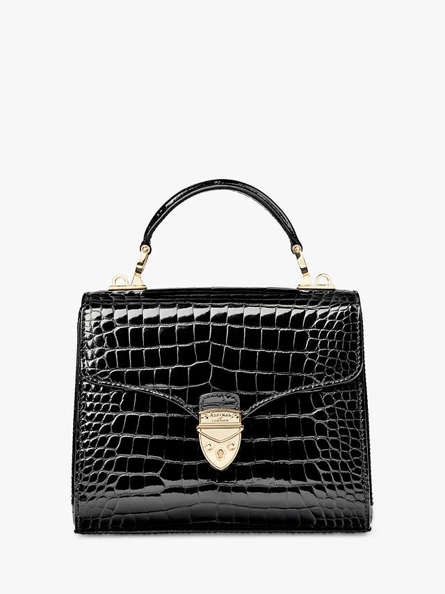 Aspinal of London Midi Mayfair Croc Effect Leather Cross Body Bag, Patent Black