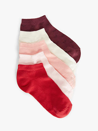 John Lewis Cotton Rich Heart & Plain Trainer Socks, Pack of 5, Pink/Red
