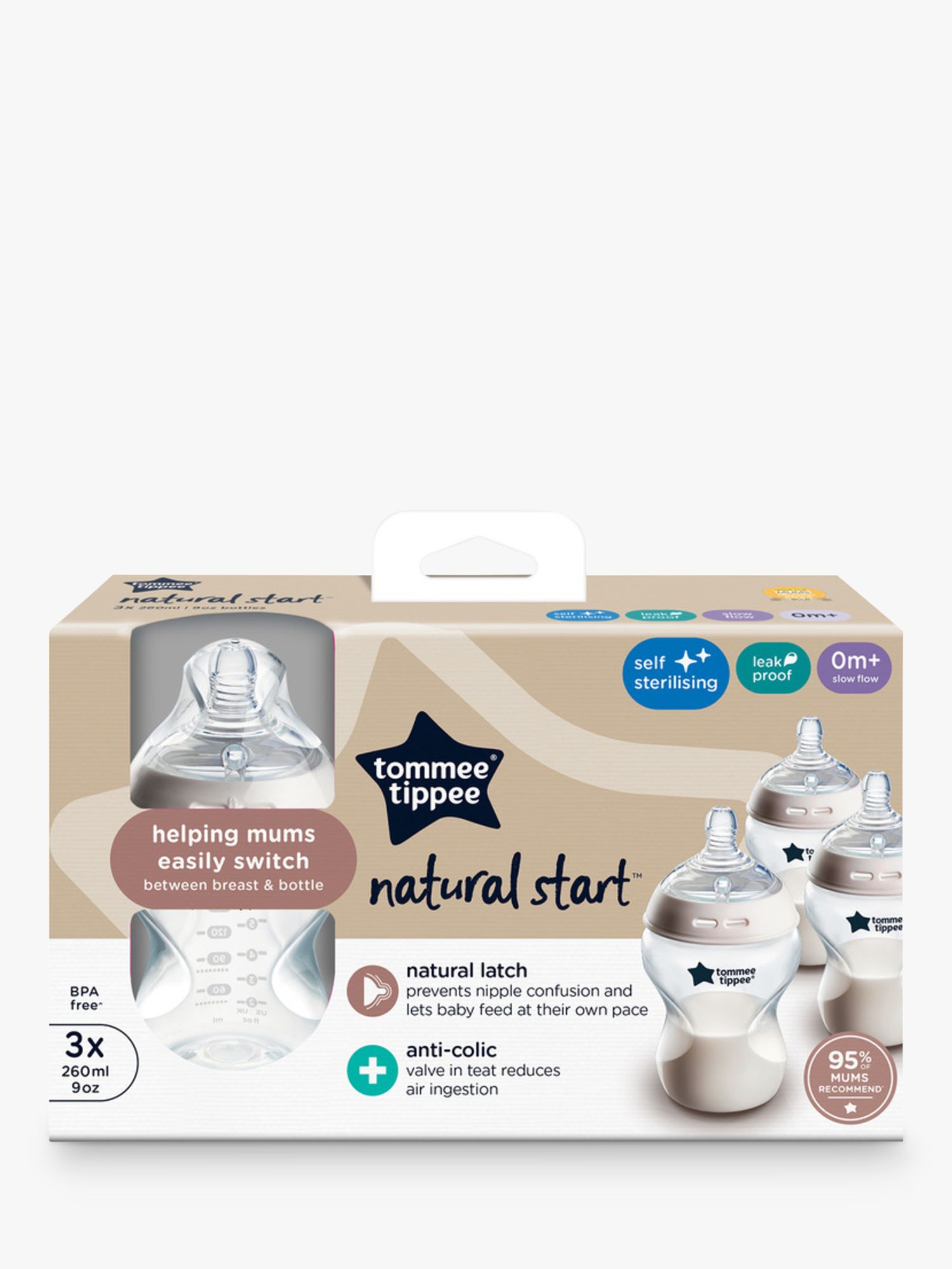Tommee Tippee Natural Start Anti-Colic Baby Bottle with Slow Flow Teats,  Pack of 3, 260ml