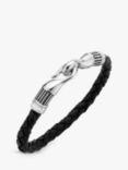Hoxton London Men's Braided Leather Ribbed Hook Bracelet, Black/Silver