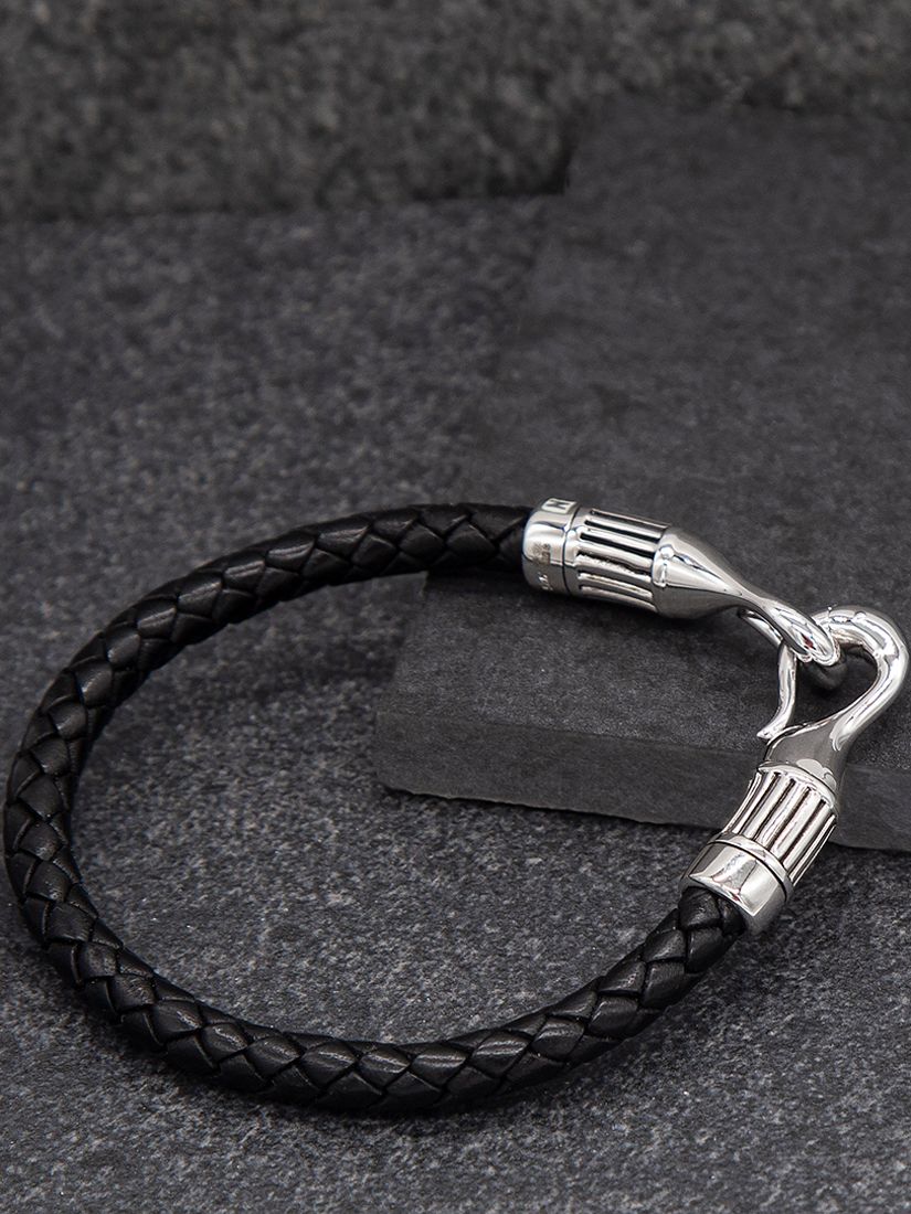 Hoxton London Men's Braided Leather Ribbed Hook Bracelet, Black/Silver at  John Lewis & Partners