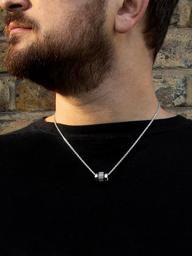 Hoxton London Men's Leather Inlay Barrel Pendant Necklace, Silver/Black