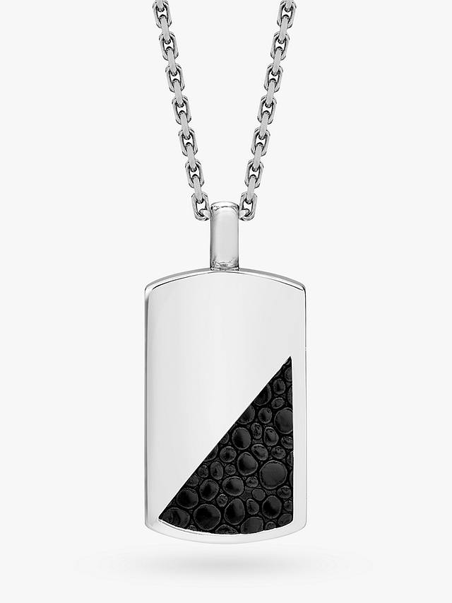 Hoxton London Men's Half Leather Dog Tag Pendant Necklace, Silver/Black