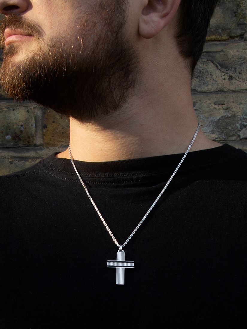 Hoxton London Men's Leather Ribbed Cross Pendant Necklace, Silver