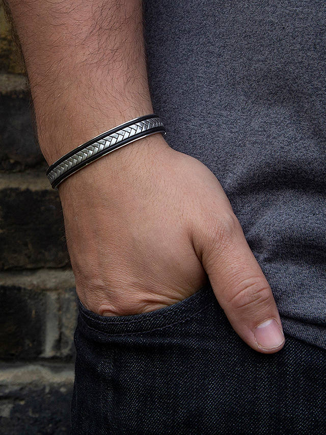 Hoxton London Men's Herringbone Leather Inlay Cuff Bangle, Silver/Black
