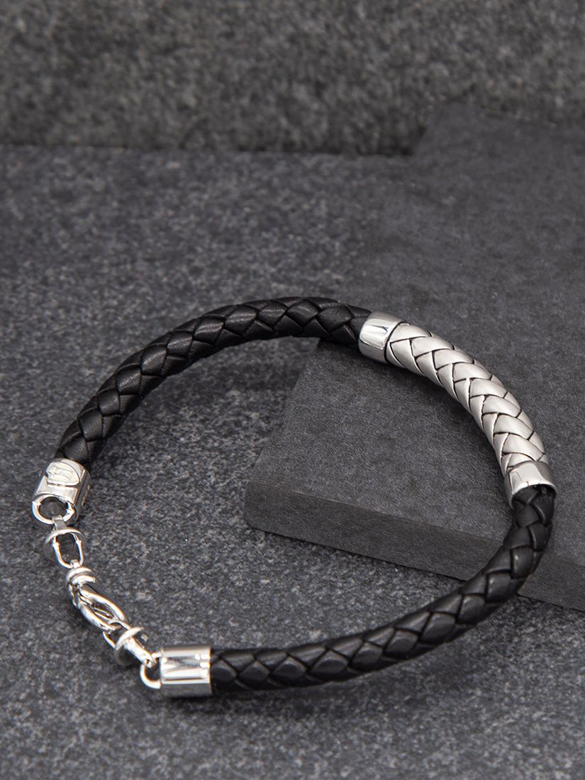 Hoxton London Men's Herringbone Braided Leather Bracelet, Black/Silver