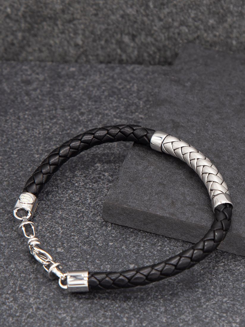 Hoxton London Men's Herringbone Braided Leather Bracelet, Black/Silver ...