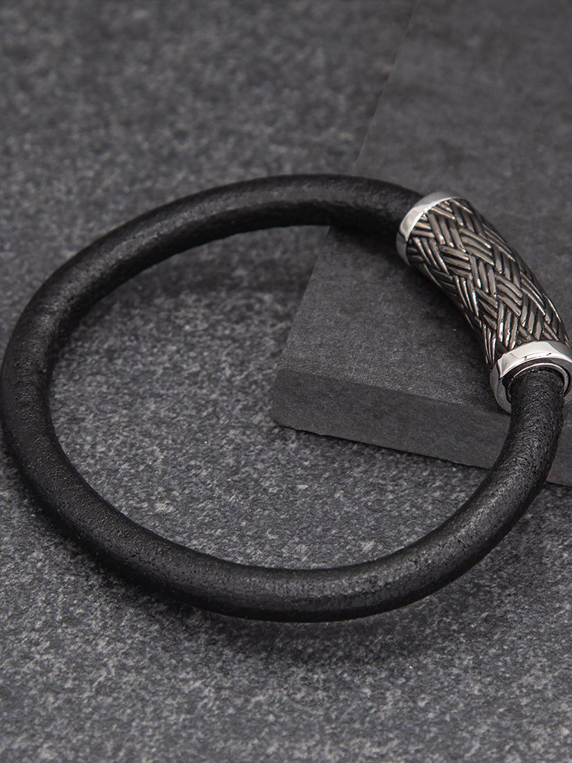 Buy Hoxton London Men's Woven Silver & Leather Bracelet, Black/Silver Online at johnlewis.com