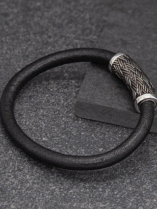 Hoxton London Men's Woven Silver & Leather Bracelet, Black/Silver