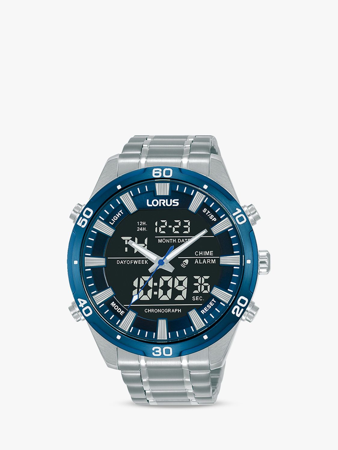 Lorus Men\'s Analogue/Digital Duo Silver/Blue RW647AX9 Bracelet John Lewis Watch, & Display Partners Strap at