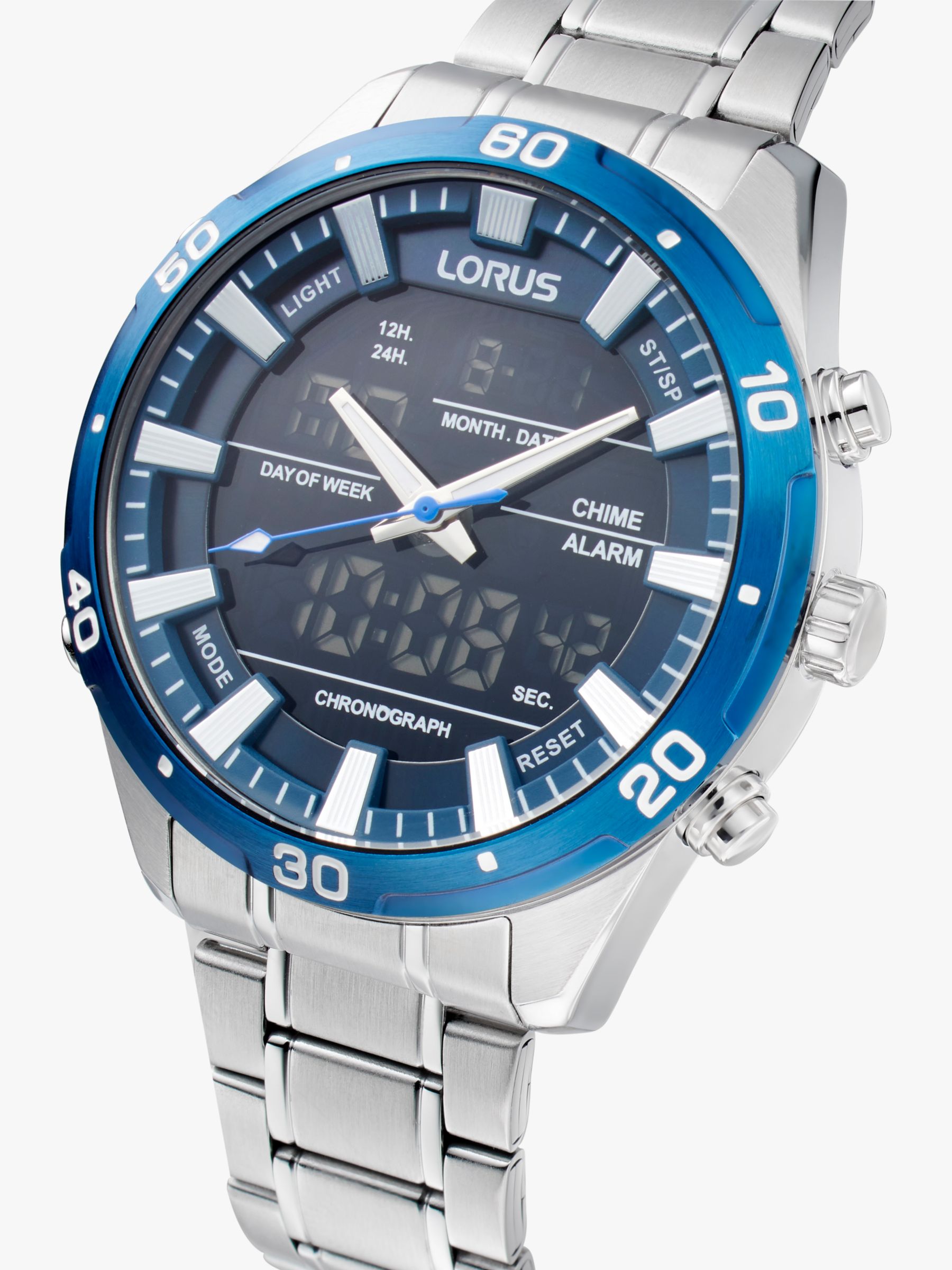 Duo Display Watch, Lewis Analogue/Digital Bracelet & Partners RW647AX9 Men\'s Strap Silver/Blue at Lorus John
