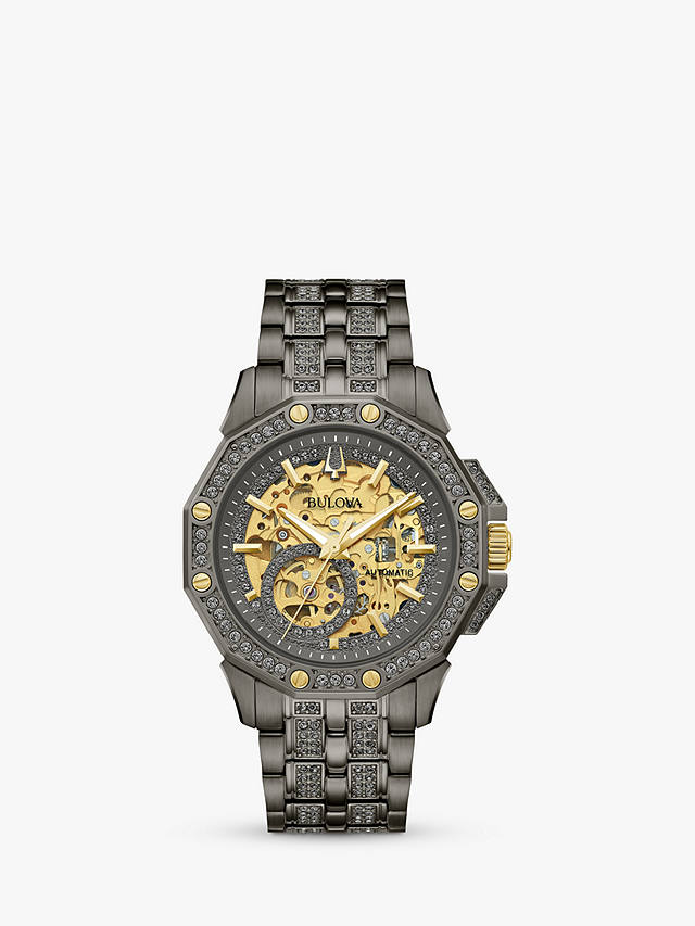 Bulova 98A293 Men's Crystal Collection Octava Automatic Skeleton Dial Bracelet Strap Watch, Grey/Gold