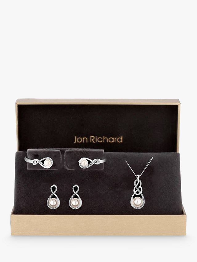 Jon Richard Pearl & Crystal Infinity Pendant Necklace, Bracelet and Drop Earrings Jewellery Gift Set, Silver