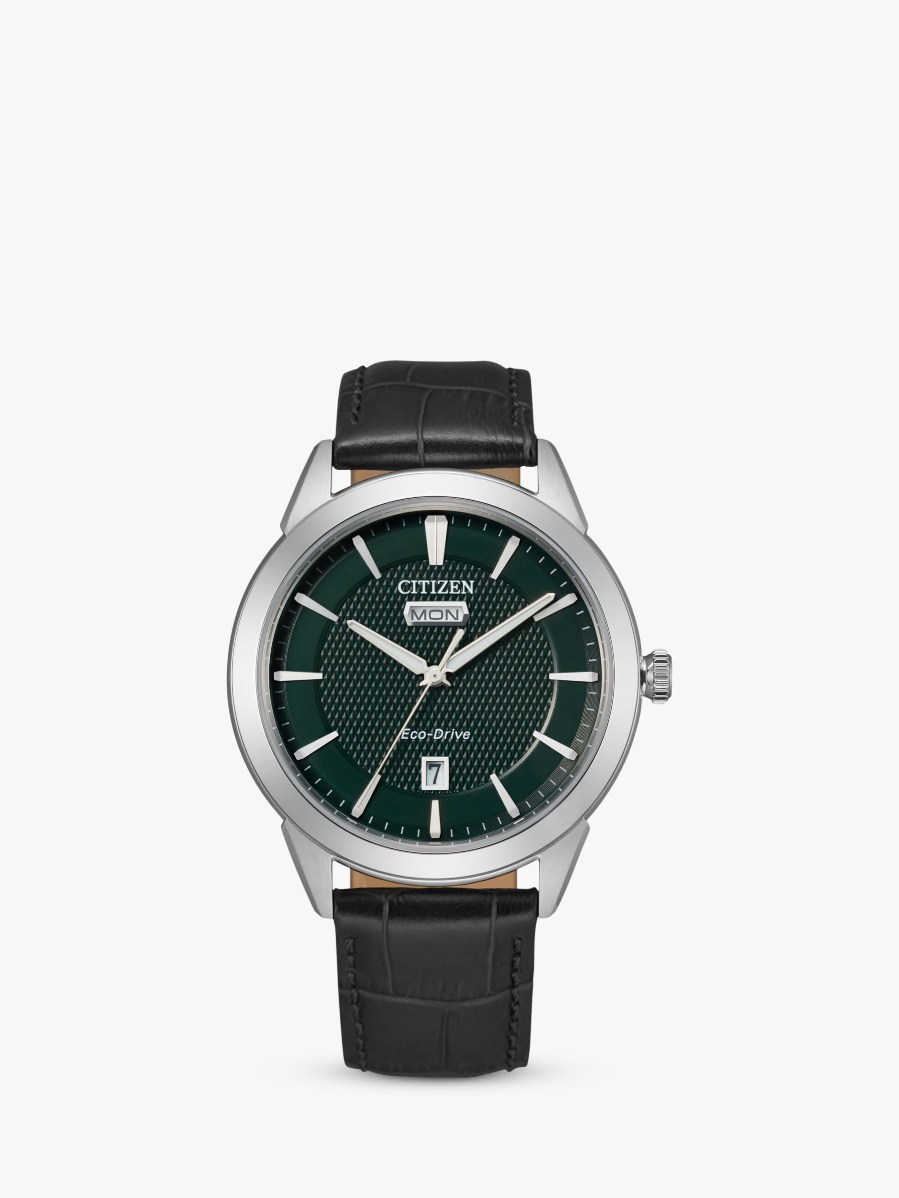Citizen AW0090-02X Men's Dress Classic Eco-Drive Date Leather Strap Watch,  Black/Green at John Lewis & Partners