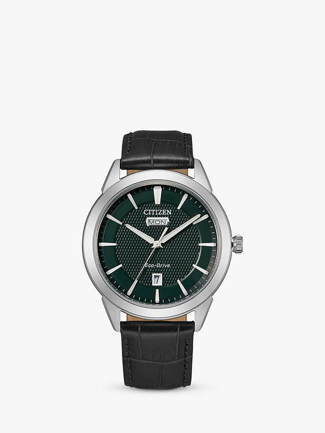 Citizen AW0090-02X Men's Dress Classic Eco-Drive Date Leather Strap Watch, Black/Green