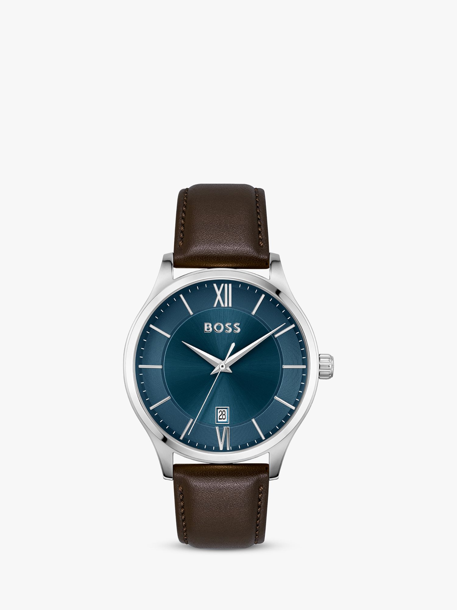 BOSS Men's Elite Date Leather Strap Watch, Brown/Blue 1513955 at John ...