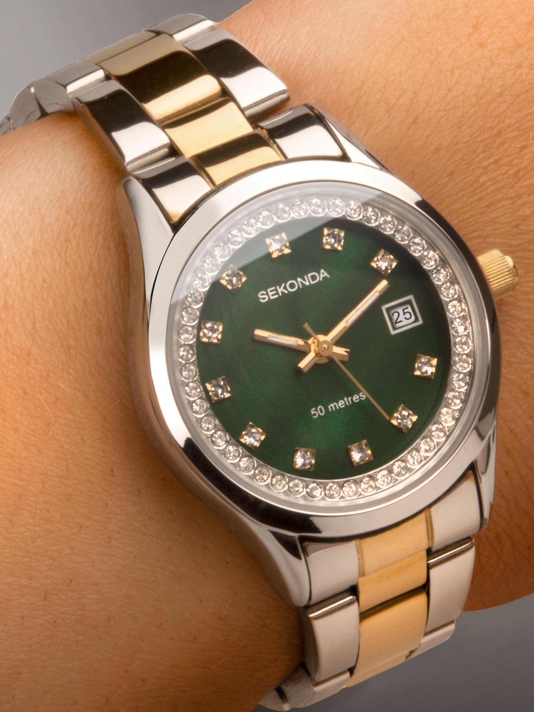 Buy Sekonda 40295.27 Women's Two-Tone Crystal Bracelet Strap Watch, Silver/Gold/Green Online at johnlewis.com