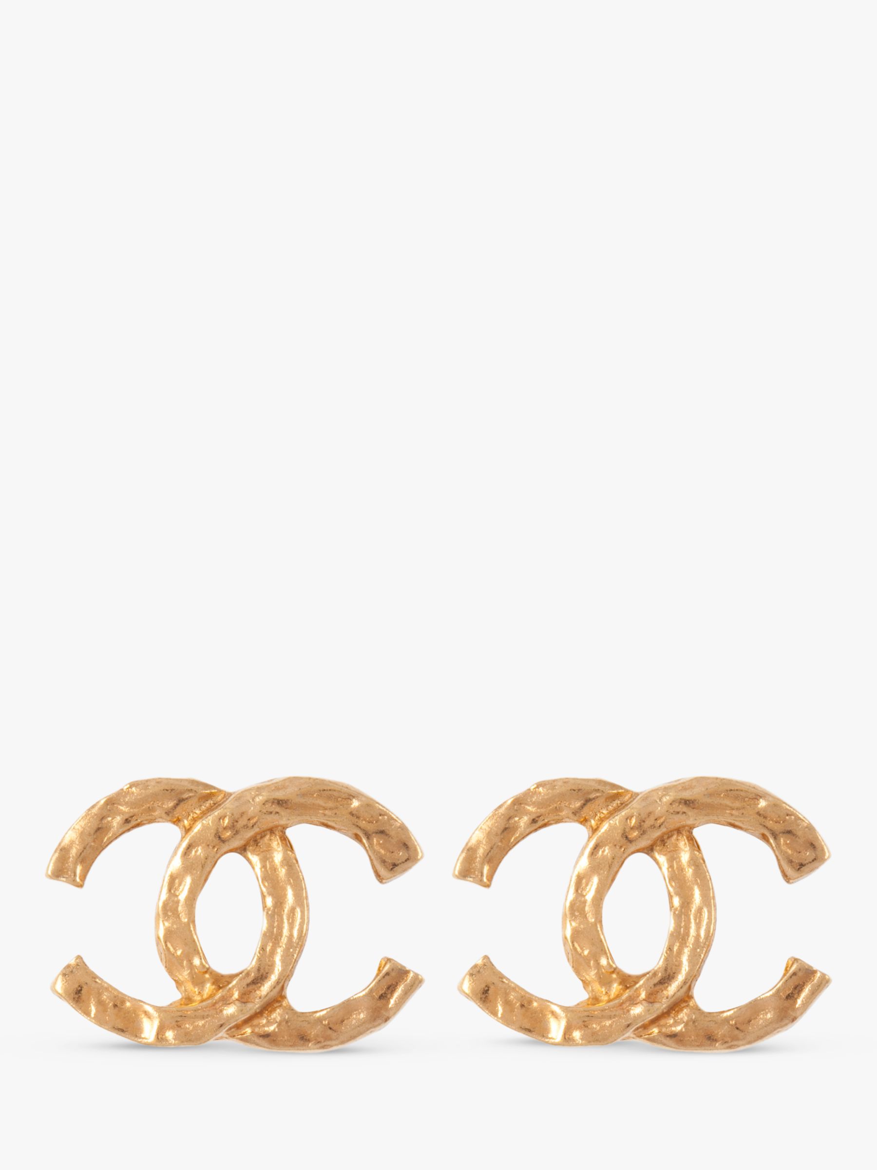 Susan Caplan Vintage Chanel Gold Plated Hammered Logo Clip-On Earrings,  Dated Circa 1980s