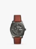 Fossil FS5900 Men's Machine Day Date Leather Strap Watch, Brown/Grey