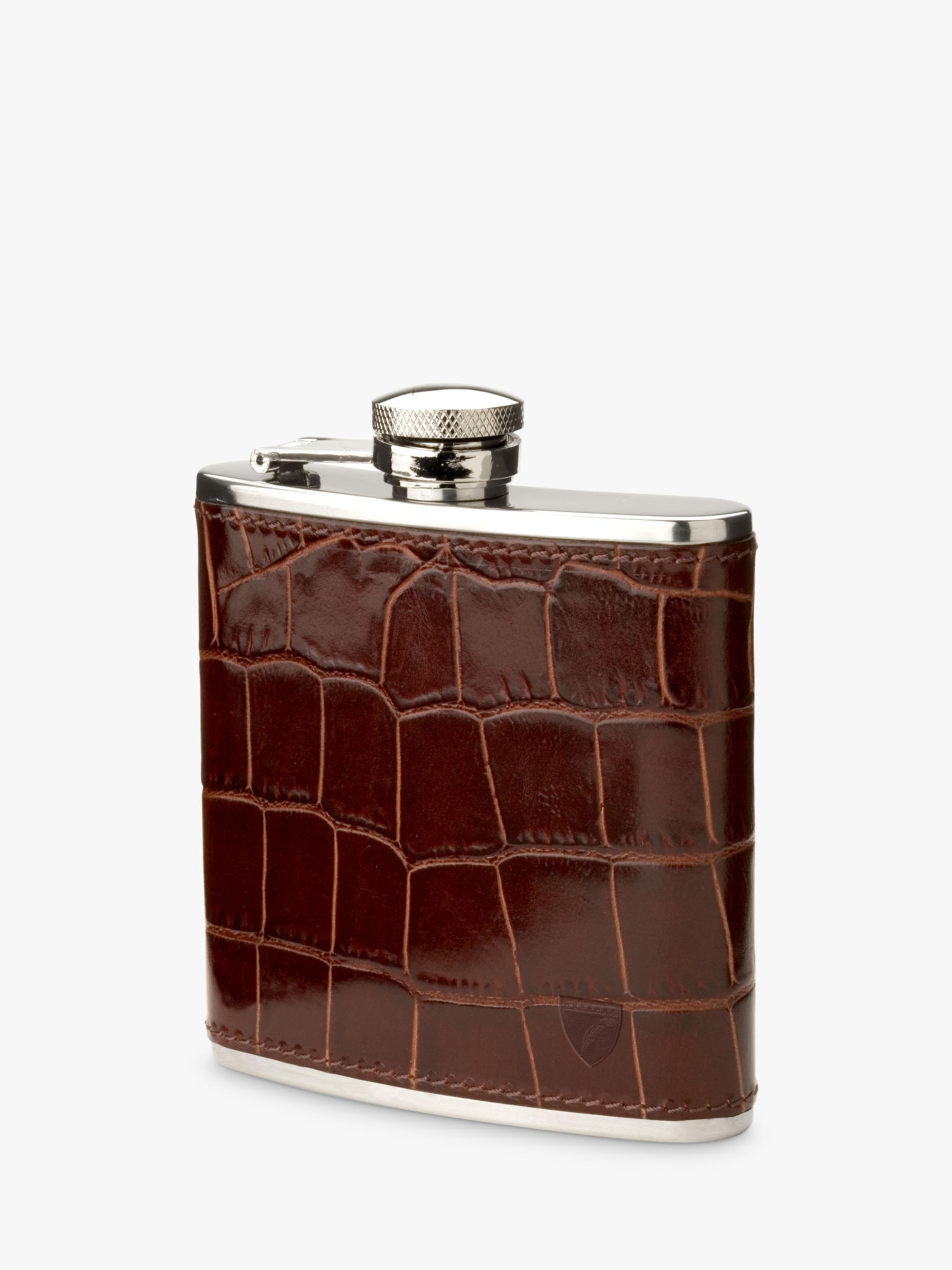 ASPINAL OF LONDON Mens 5Oz Classic Black Croc Leather Engraved No-Lid Hip Flask 