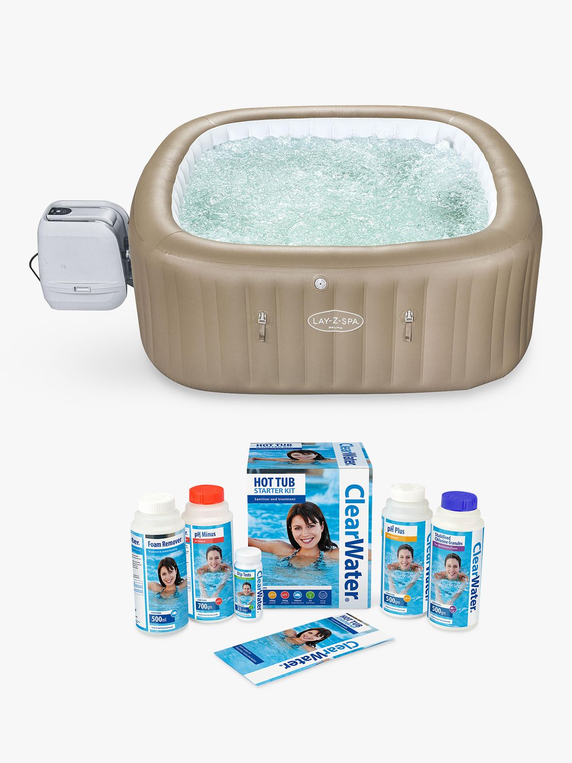 Photo of Lay-z-spa palma hydrojet pro square hot tub with led lights cover & clearwater spa chemical starter kit 7 person