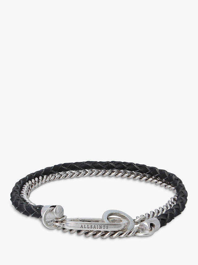 AllSaints Men's Mix Leather Chain Flex Bracelet, Silver