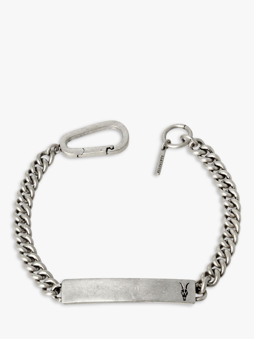 AllSaints Logo Plate Chain Sterling Silver Bracelet, Warm Silver at ...