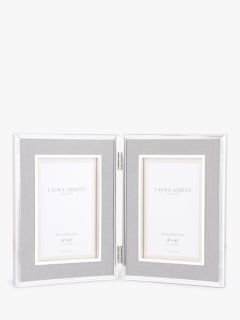 Laura Ashley Harrison Linen Double Photo Frame, 4 x 6" (10 x 15cm), Pale Charcoal/Silver Plated