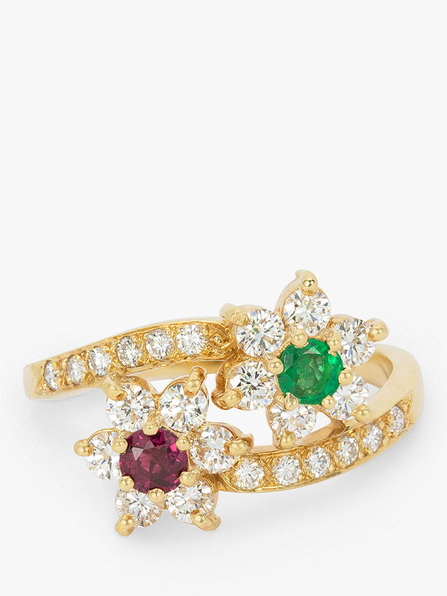 Kojis Second Hand 14ct Yellow Gold Emerald, Ruby & Diamond Flower Cross Over Cocktail Ring