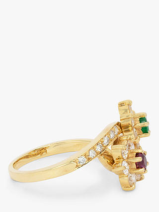 Kojis Second Hand 14ct Yellow Gold Emerald, Ruby & Diamond Flower Cross Over Cocktail Ring