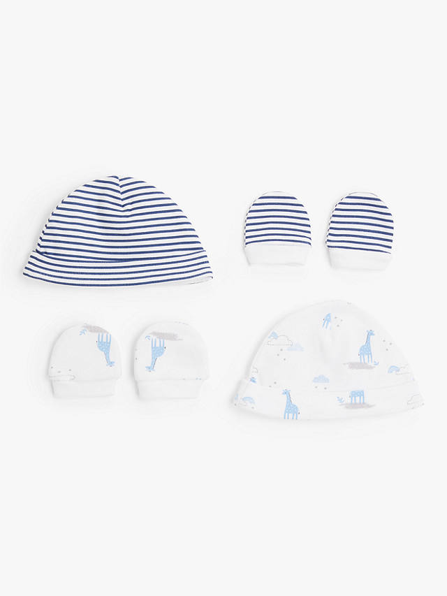 John Lewis Premature Baby GOTS Organic Cotton Giraffe Stripe Hat & Mittens Set, Pack of 2, Blue