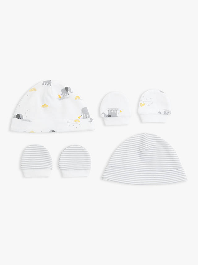 John Lewis Premature Baby GOTS Organic Cotton Elephant Stripe Hat & Mittens Set, Pack of 2, Grey
