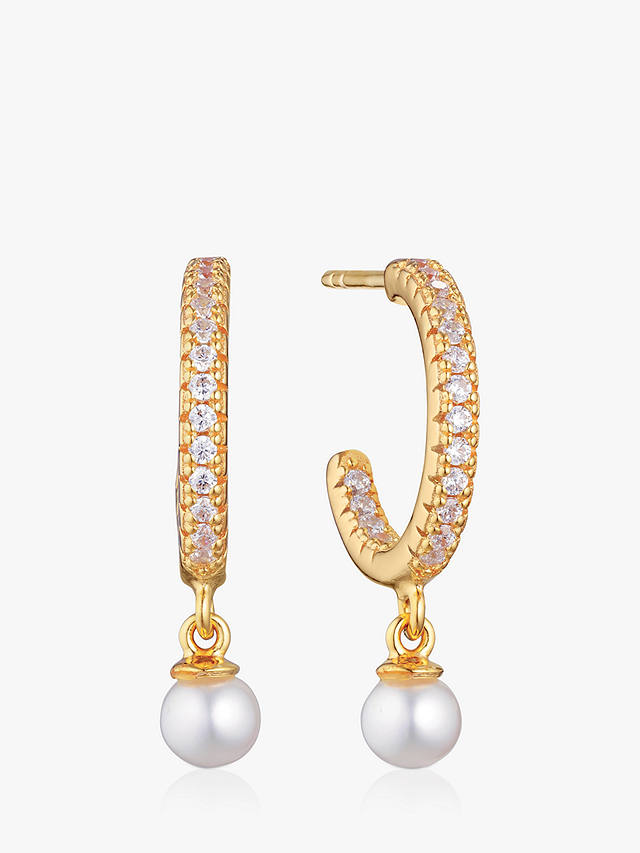 Sif Jakobs Jewellery Ellera Perla Cubic Zirconia Freshwater Pearl Drop Hoop Earrings, Gold/Clear