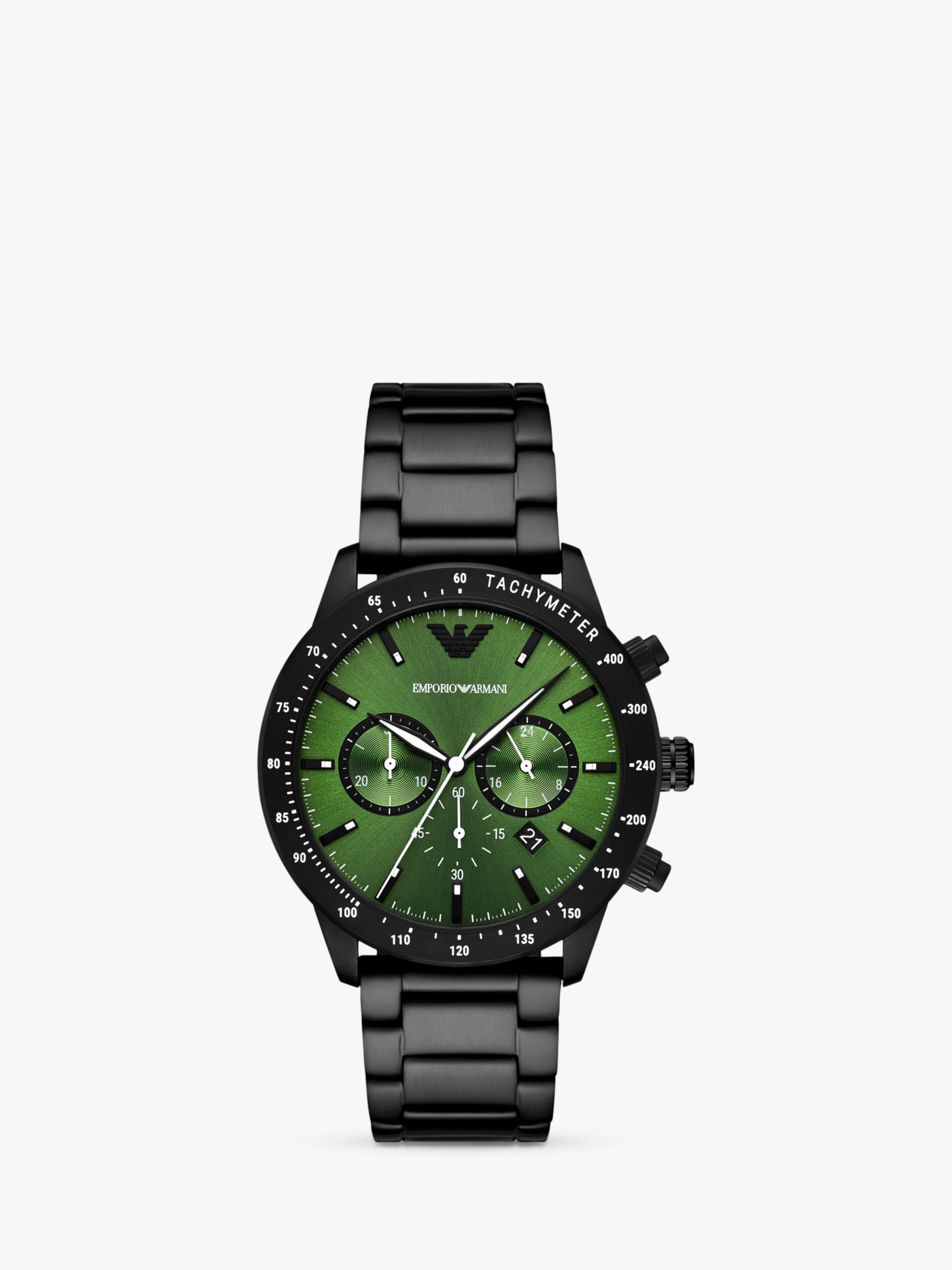 Emporio Armani Mario AR11472 Men's Chronograph Date Bracelet Strap Watch,  Black/Green at John Lewis & Partners