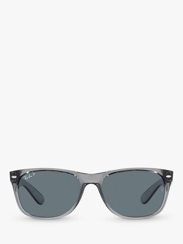 Ray-Ban RB2132 Unisex New Wayfarer Polarised Sunglasses, Transparent Grey/Blue